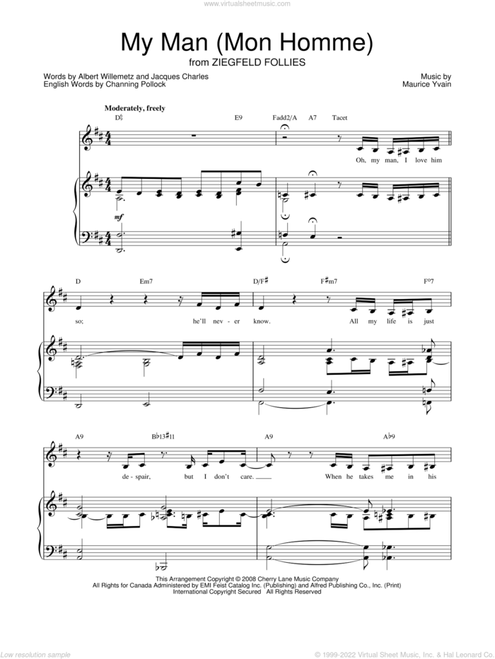 My Man (Mon Homme) sheet music for voice, piano or guitar by Barbra Streisand, Albert Willemetz, Channing Pollock, Jacques Charles and Maurice Yvain, intermediate skill level