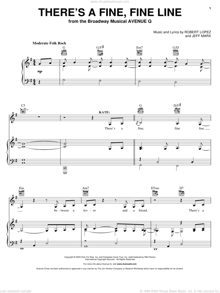 There's A Fine, Fine Line sheet music for voice, piano or guitar by Avenue Q, Jeff Marx and Robert Lopez, intermediate skill level