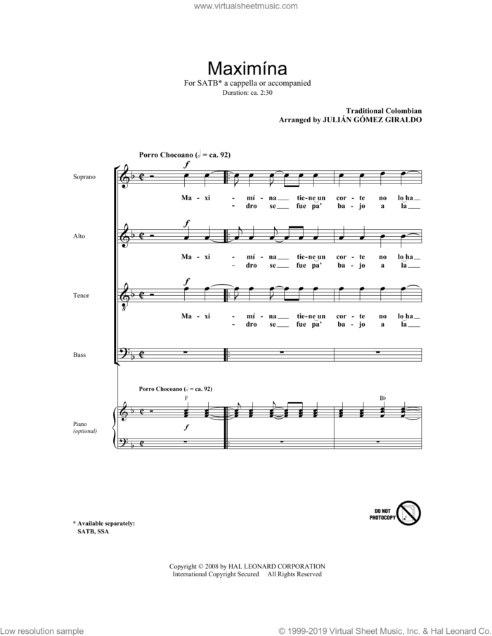 Maximina sheet music for choir (SATB: soprano, alto, tenor, bass) by Julian Gomez Giraldo and Miscellaneous, intermediate skill level