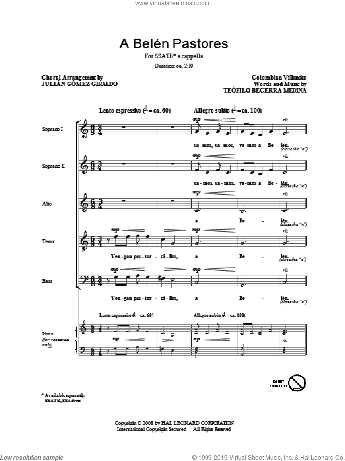 A Belen Pastores (Villancico) sheet music for choir (SATB: soprano, alto, tenor, bass) by Julian Gomez Giraldo and Teofilo Becerra Medina, intermediate skill level