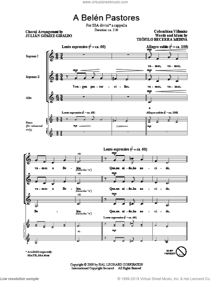 A Belen Pastores (Villancico) sheet music for choir (SSA: soprano, alto) by Julian Gomez Giraldo and Teofilo Becerra Medina, intermediate skill level
