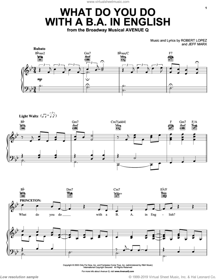 What Do You Do With A B.A. In English (from Avenue Q) sheet music for voice, piano or guitar by Avenue Q, Jeff Marx, Robert Lopez and Robert Lopez & Jeff Marx, intermediate skill level