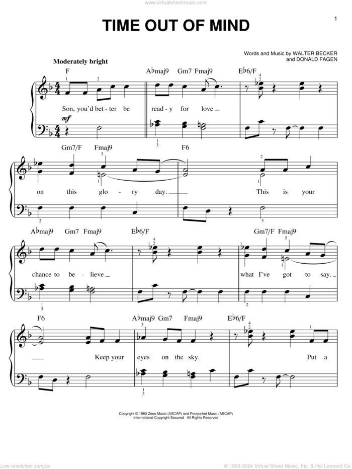 Time Out Of Mind sheet music for piano solo by Steely Dan, Donald Fagen and Walter Becker, easy skill level