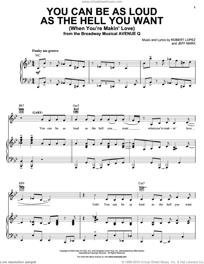You Can Be As Loud As The Hell You Want (When You're Makin' Love) (from Avenue Q) sheet music for voice, piano or guitar by Avenue Q, Jeff Marx, Robert Lopez and Robert Lopez & Jeff Marx, intermediate skill level