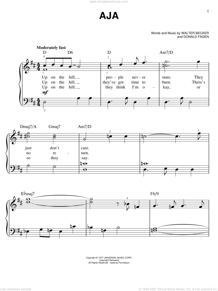 Aja sheet music for piano solo by Steely Dan, Donald Fagen and Walter Becker, easy skill level