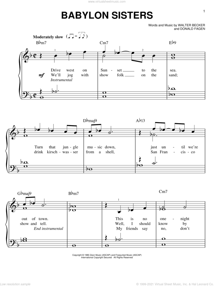 Babylon Sisters sheet music for piano solo by Steely Dan, Donald Fagen and Walter Becker, easy skill level
