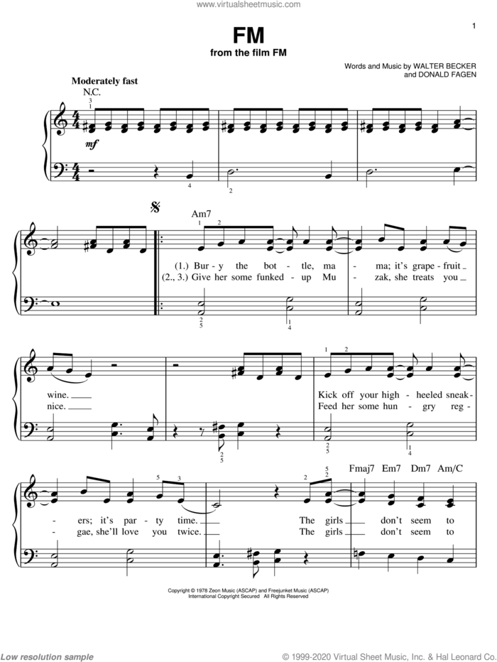 FM sheet music for piano solo by Steely Dan, Donald Fagen and Walter Becker, easy skill level