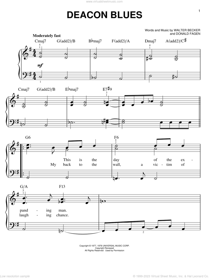 Deacon Blues sheet music for piano solo by Steely Dan, Donald Fagen and Walter Becker, easy skill level