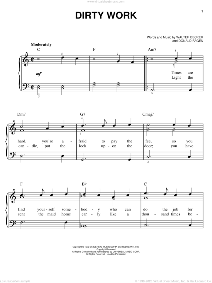 Dirty Work sheet music for piano solo by Steely Dan, Donald Fagen and Walter Becker, easy skill level