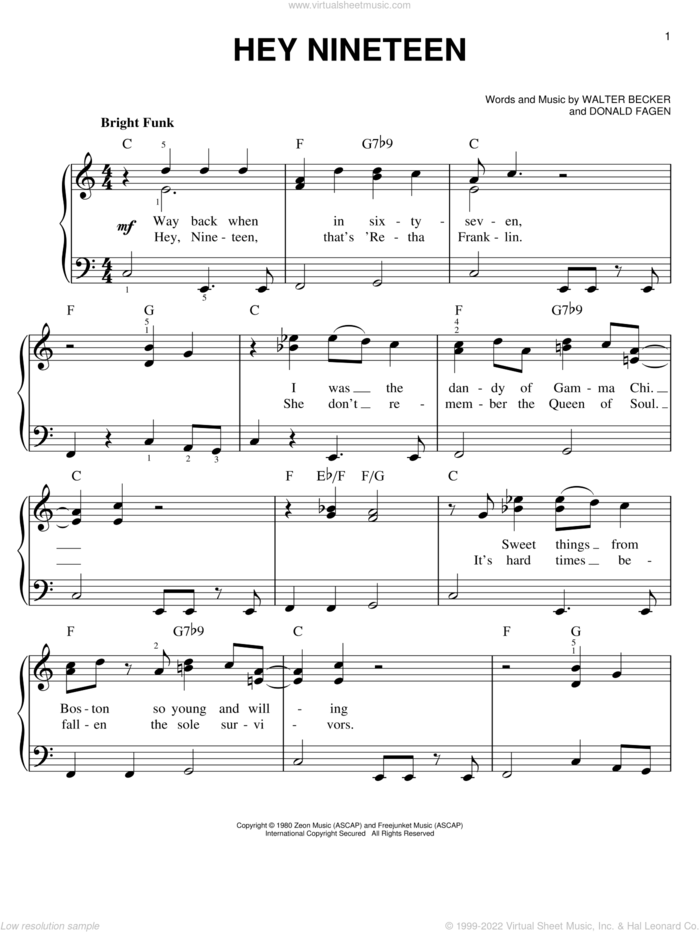 Hey Nineteen sheet music for piano solo by Steely Dan, Donald Fagen and Walter Becker, easy skill level