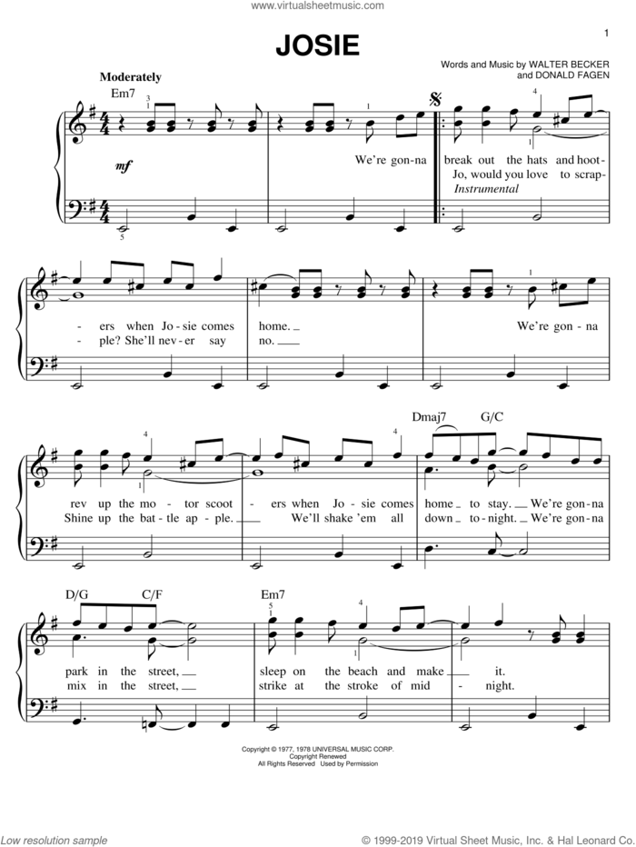 Josie sheet music for piano solo by Steely Dan, Donald Fagen and Walter Becker, easy skill level