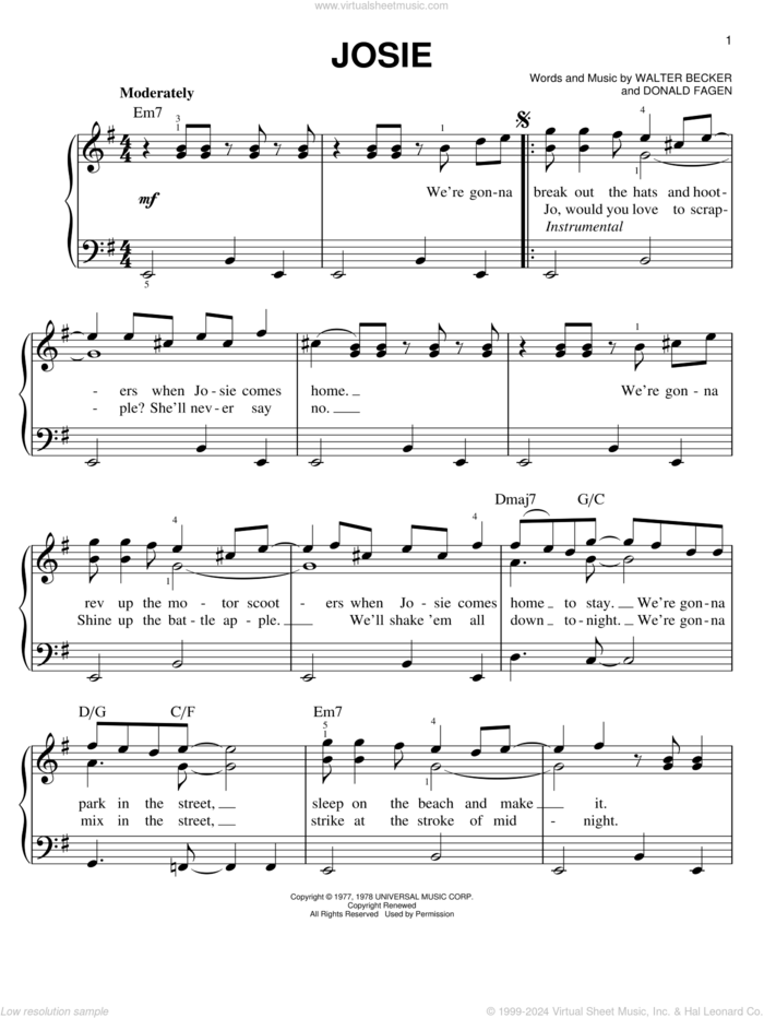 Josie sheet music for piano solo by Steely Dan, Donald Fagen and Walter Becker, easy skill level