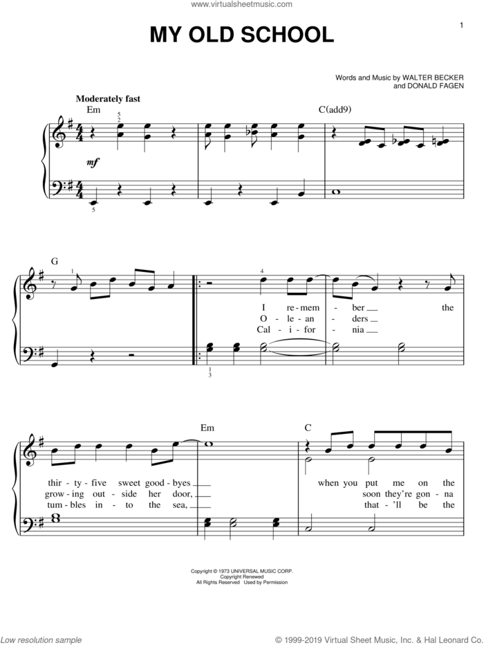 My Old School sheet music for piano solo by Steely Dan, Donald Fagen and Walter Becker, easy skill level