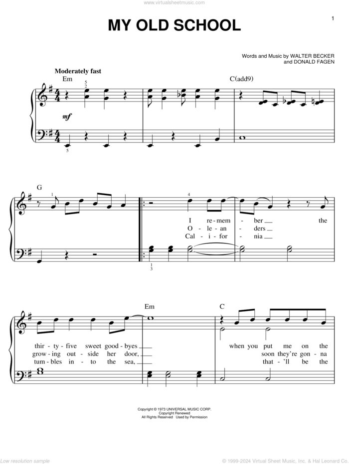 My Old School sheet music for piano solo by Steely Dan, Donald Fagen and Walter Becker, easy skill level