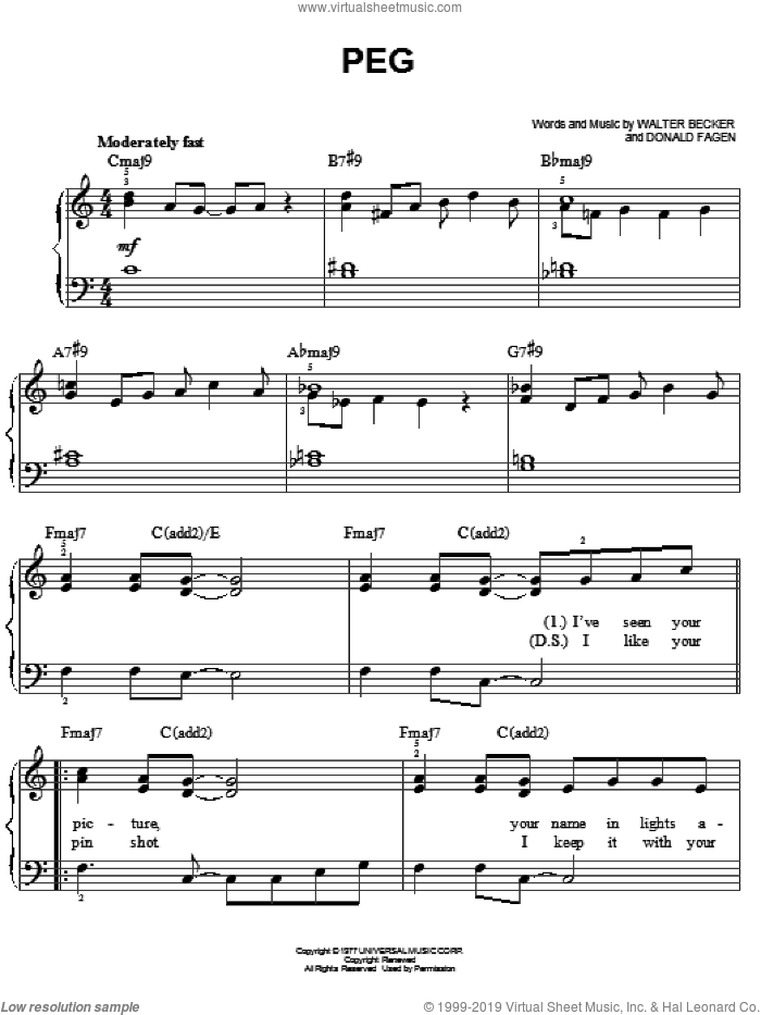 Peg sheet music for piano solo by Steely Dan, Donald Fagen and Walter Becker, easy skill level