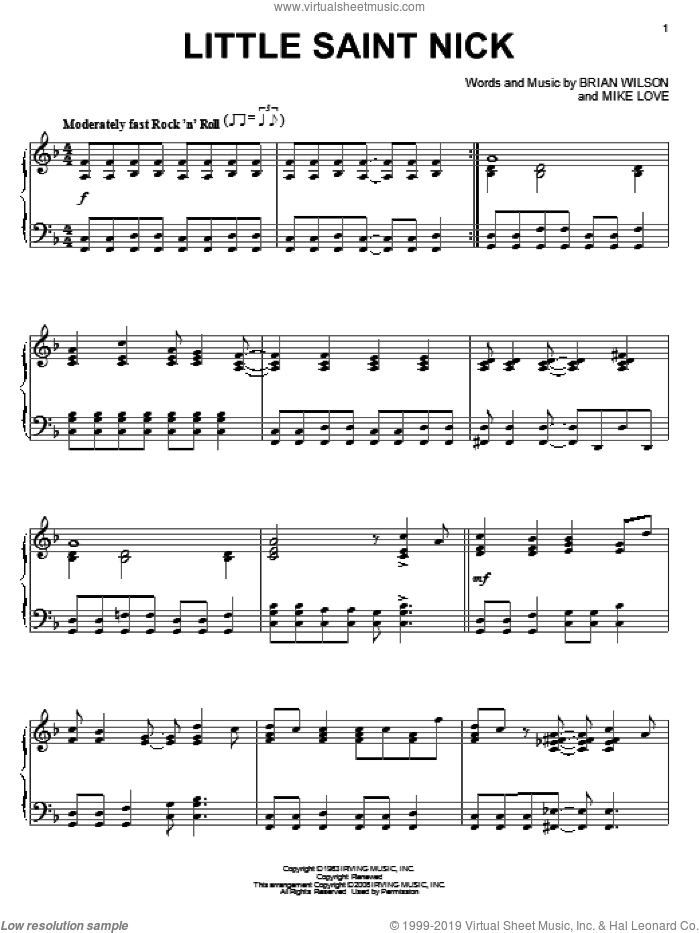 Little Saint Nick, (intermediate) sheet music for piano solo by The Beach Boys, Brian Wilson and Mike Love, intermediate skill level
