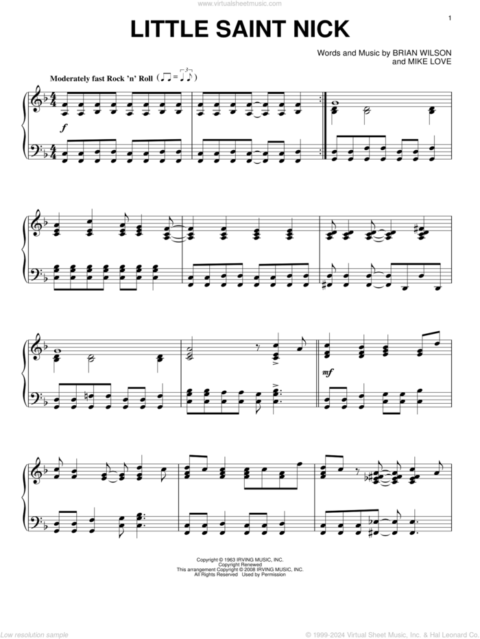 Little Saint Nick, (intermediate) sheet music for piano solo by The Beach Boys, Brian Wilson and Mike Love, intermediate skill level