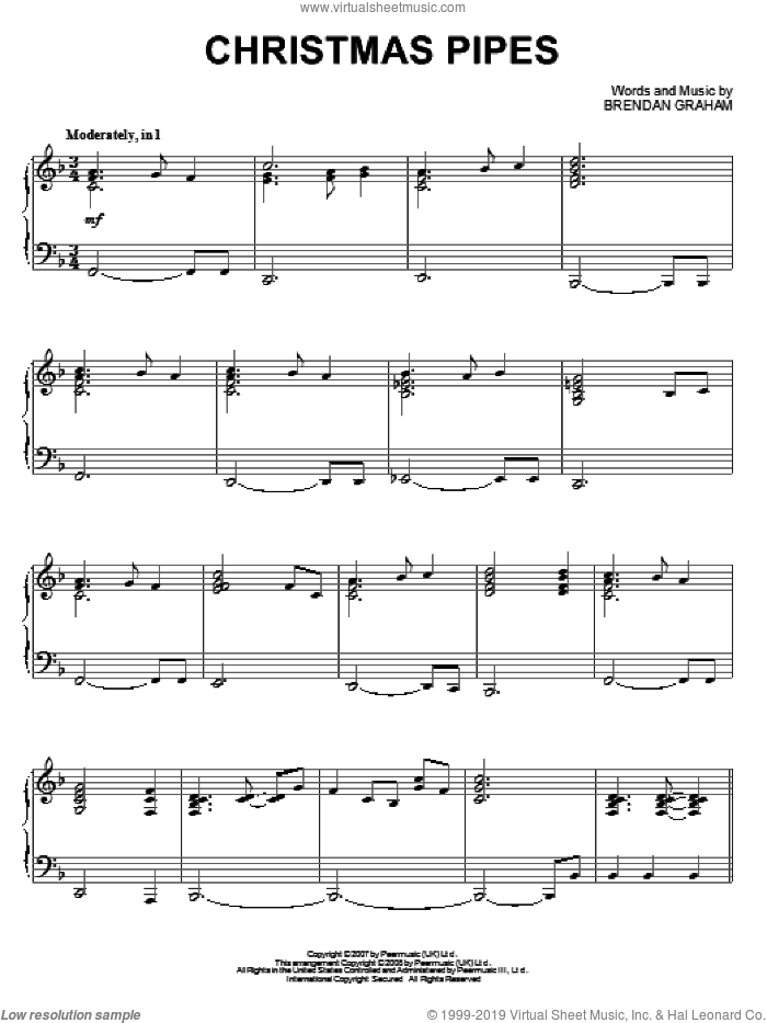Christmas Pipes sheet music for piano solo by Celtic Woman and Brendan Graham, intermediate skill level