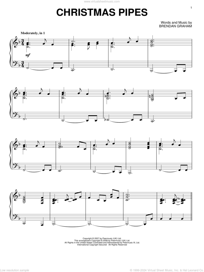 Christmas Pipes sheet music for piano solo by Celtic Woman and Brendan Graham, intermediate skill level