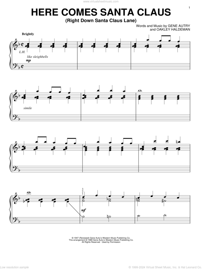 Here Comes Santa Claus (Right Down Santa Claus Lane) sheet music for piano solo by Gene Autry and Oakley Haldeman, intermediate skill level