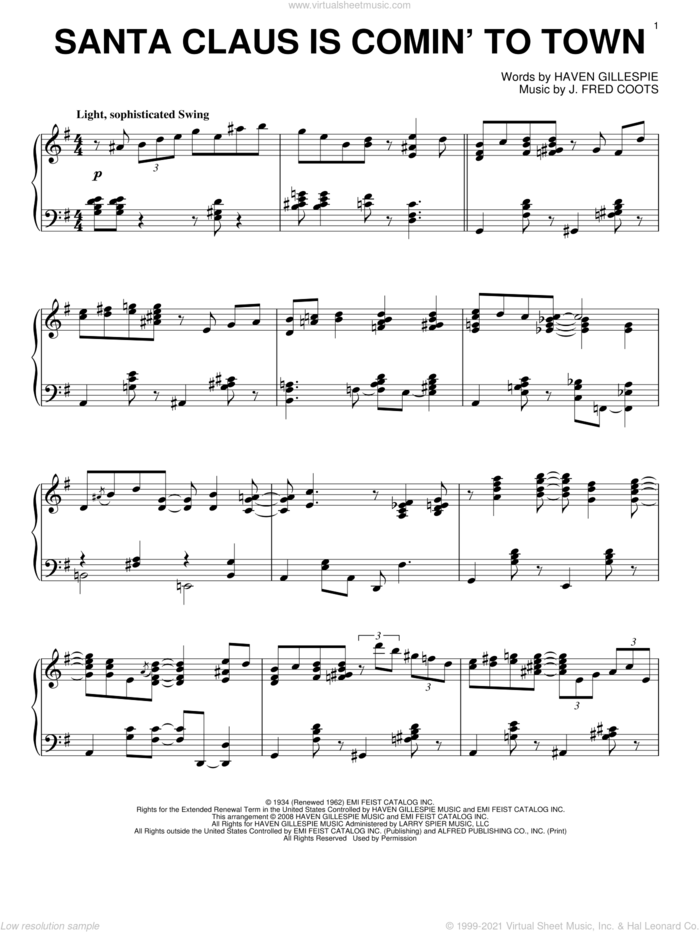 Santa Claus Is Comin' To Town sheet music for piano solo by J. Fred Coots and Haven Gillespie, intermediate skill level
