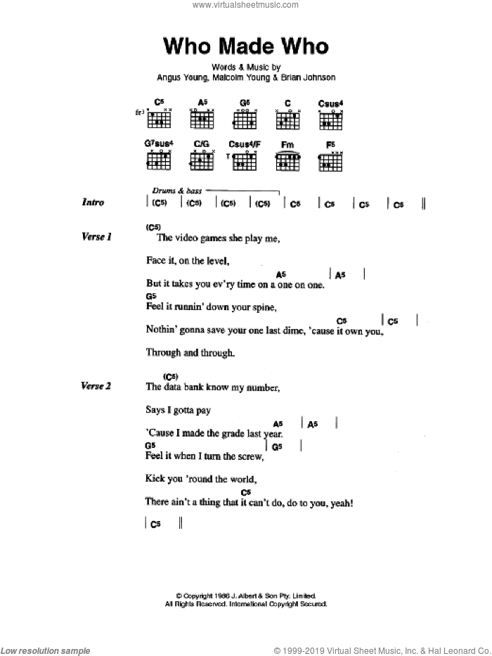 Who Made Who sheet music for guitar (chords) by AC/DC, Angus Young, Brian Johnson and Malcolm Young, intermediate skill level