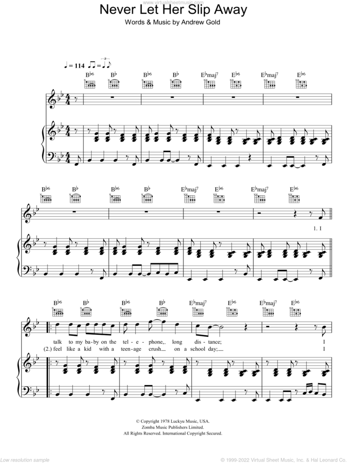 Never Let Her Slip Away sheet music for voice, piano or guitar by Andrew Gold, intermediate skill level