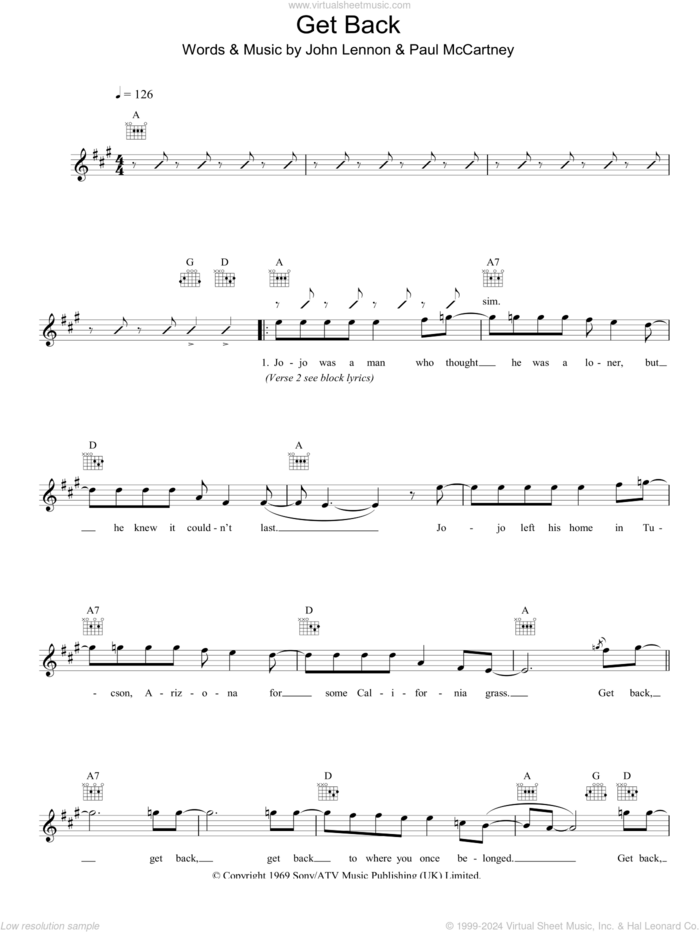 Get Back sheet music for voice and other instruments (fake book) by The Beatles, John Lennon and Paul McCartney, intermediate skill level