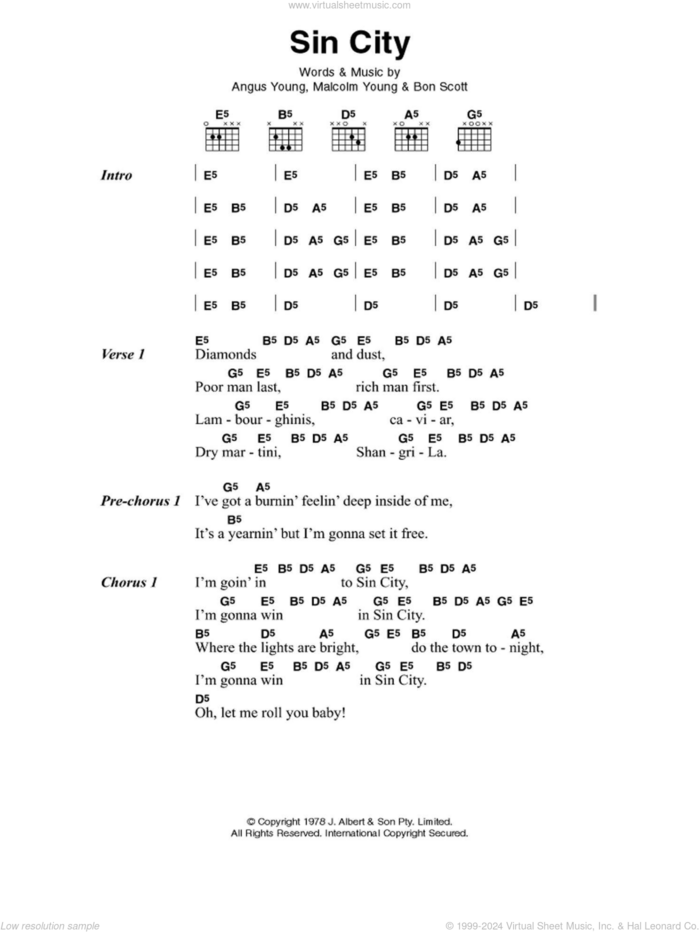 Sin City sheet music for guitar (chords) by AC/DC, Angus Young, Bon Scott and Malcolm Young, intermediate skill level