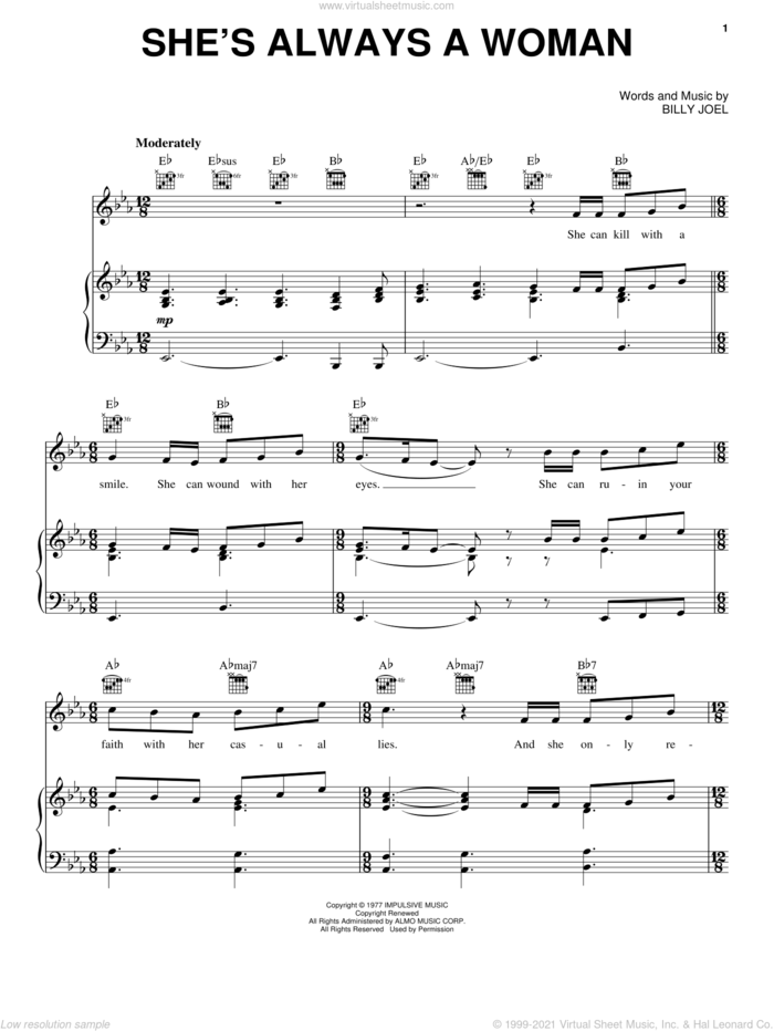 She's Always A Woman sheet music for voice, piano or guitar by Billy Joel, intermediate skill level