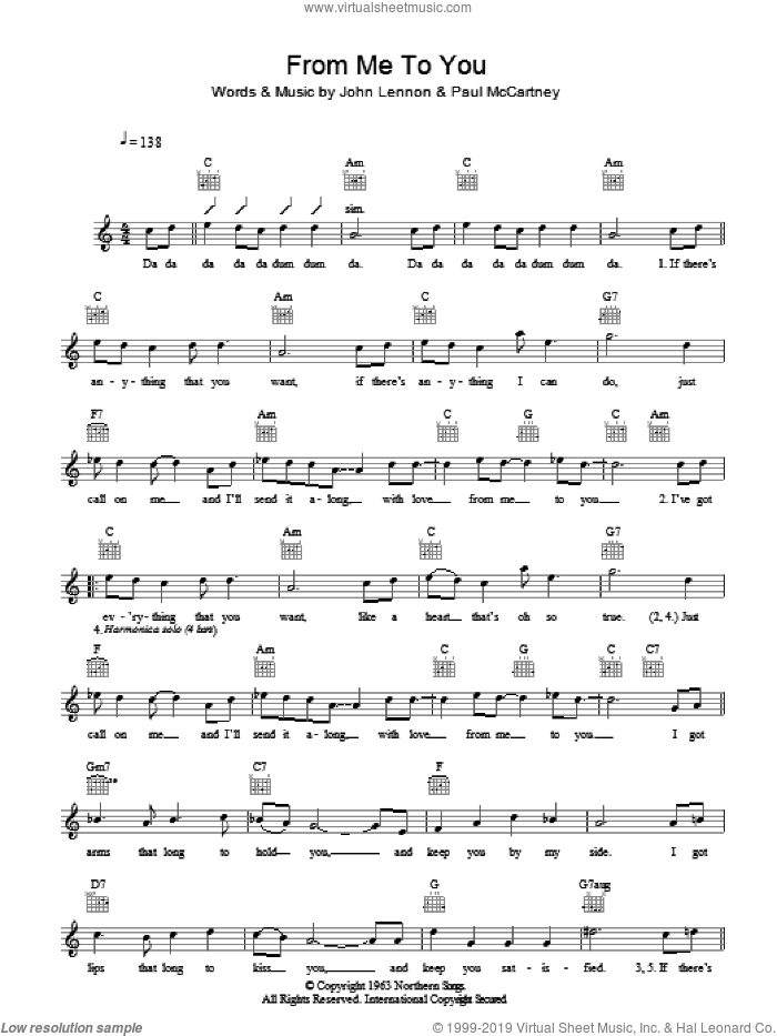 From Me To You sheet music for voice and other instruments (fake book) by The Beatles, John Lennon and Paul McCartney, intermediate skill level