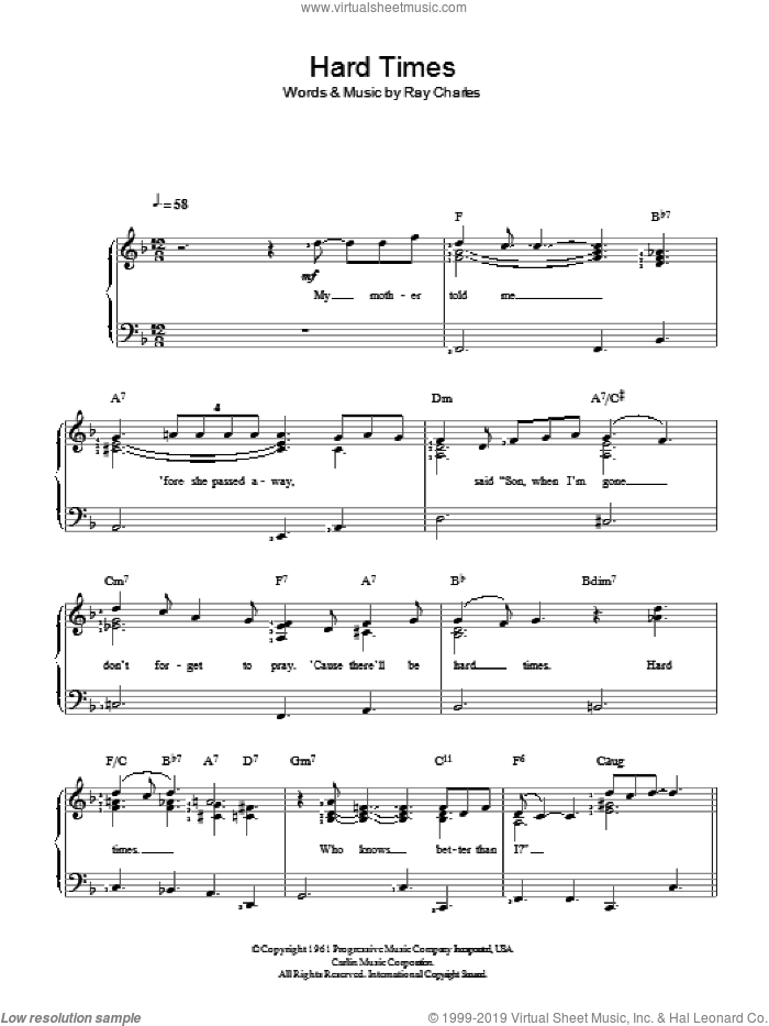 Hard Times sheet music for piano solo by Ray Charles, easy skill level