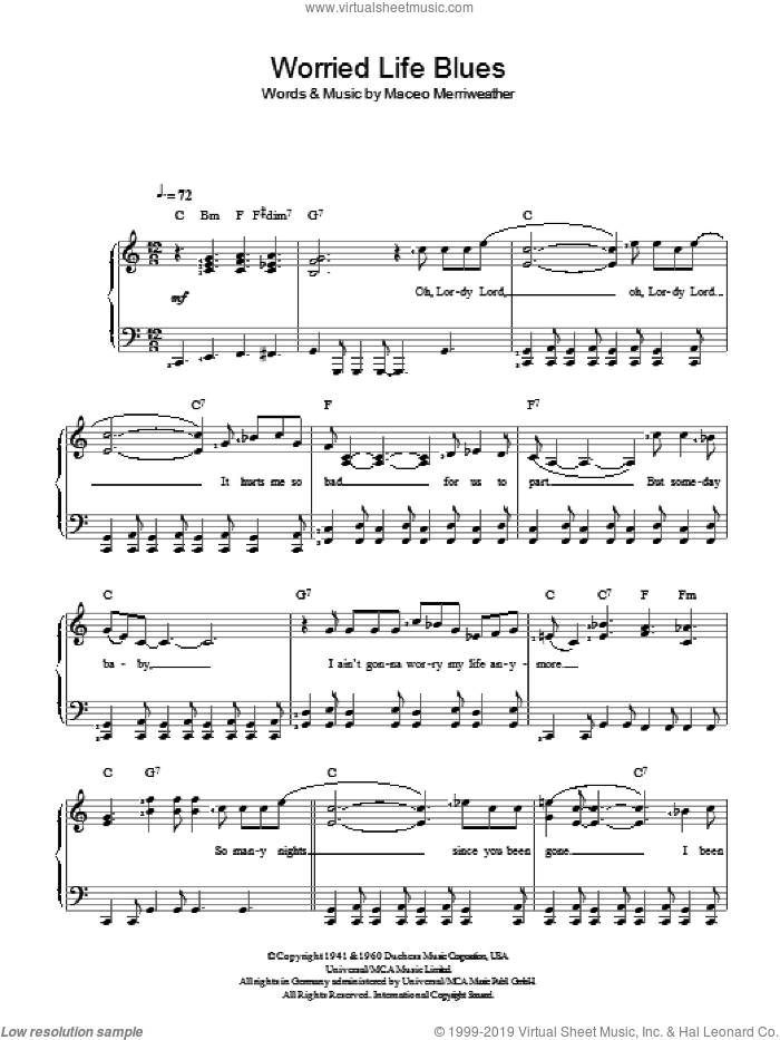 Worried Life Blues, (easy) sheet music for piano solo by Maceo Merriweather, easy skill level