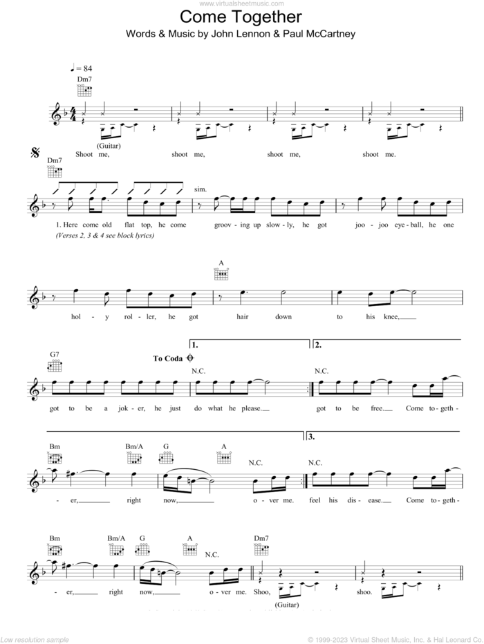 Come Together sheet music for voice and other instruments (fake book) by The Beatles, John Lennon and Paul McCartney, intermediate skill level