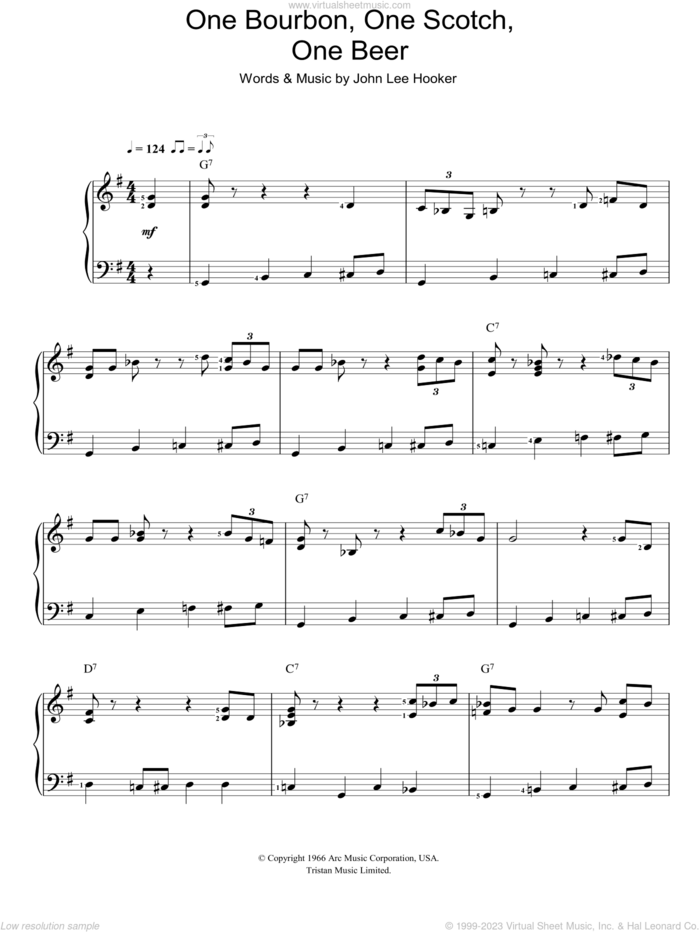 One Bourbon, One Scotch, One Beer sheet music for piano solo by John Lee Hooker, easy skill level