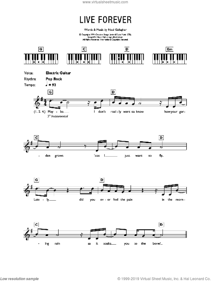 Live Forever sheet music for voice and other instruments (fake book) by Oasis and Noel Gallagher, intermediate skill level