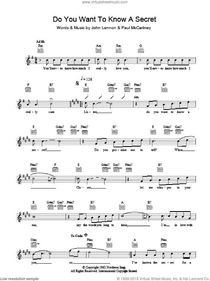 Do You Want To Know A Secret sheet music for voice and other instruments (fake book) by The Beatles, John Lennon and Paul McCartney, intermediate skill level