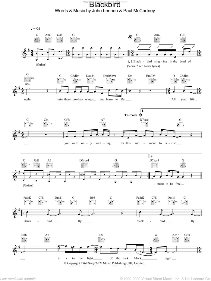 Blackbird sheet music for voice and other instruments (fake book) by The Beatles, John Lennon and Paul McCartney, intermediate skill level