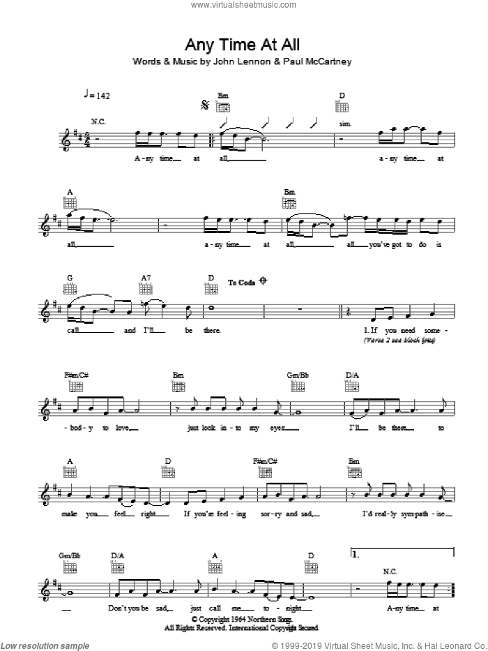 Any Time At All sheet music for voice and other instruments (fake book) by The Beatles, John Lennon and Paul McCartney, intermediate skill level