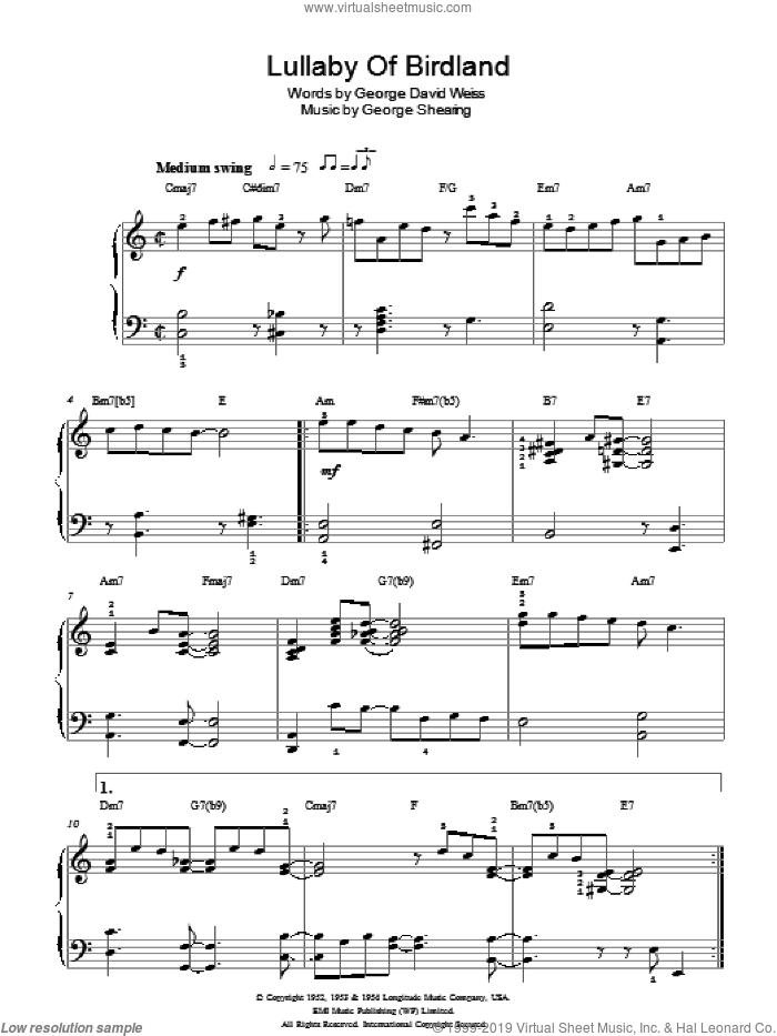 Lullaby Of Birdland sheet music for piano solo by Ella - Fitzgerald, Ella  Fitzgerald, Ella Fitzgerald, George Shearing and George David Weiss, intermediate skill level