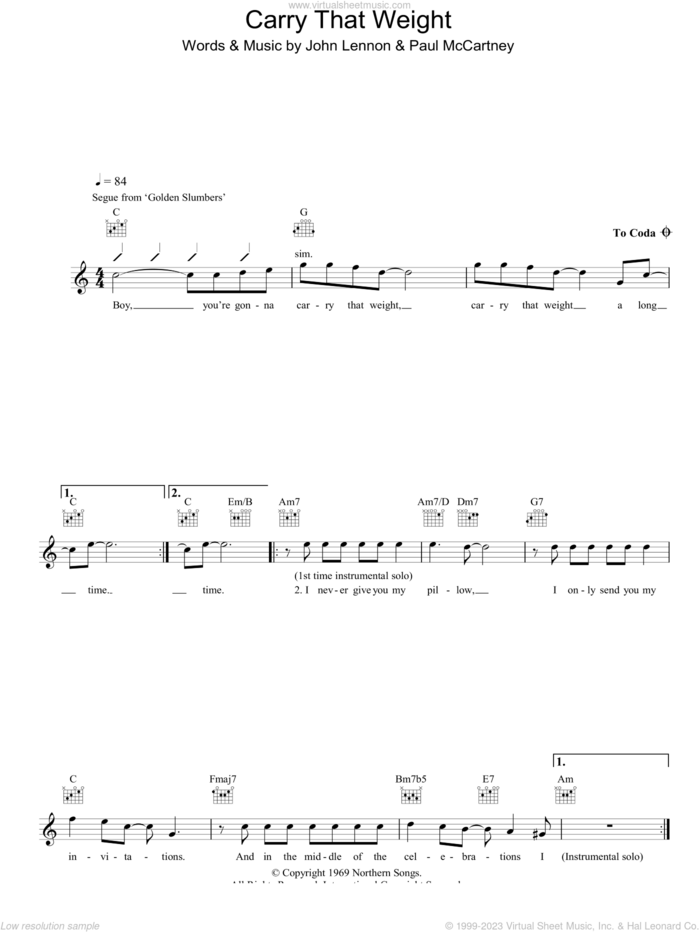 Carry That Weight sheet music for voice and other instruments (fake book) by The Beatles, John Lennon and Paul McCartney, intermediate skill level