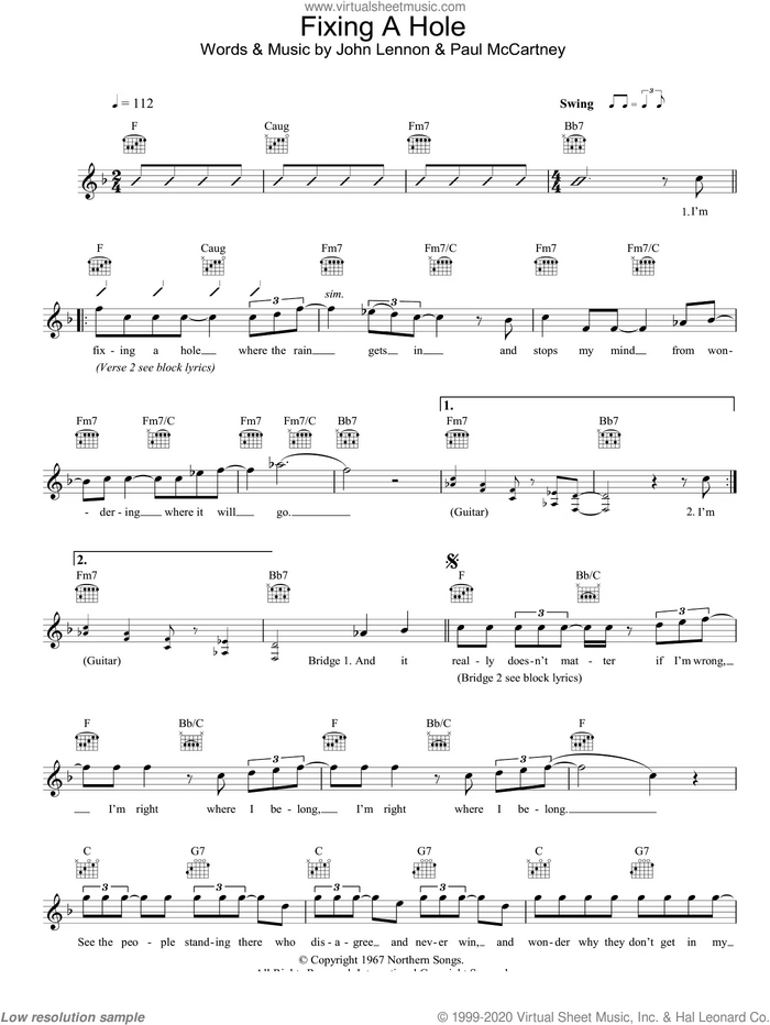 Fixing A Hole sheet music for voice and other instruments (fake book) by The Beatles, John Lennon and Paul McCartney, intermediate skill level