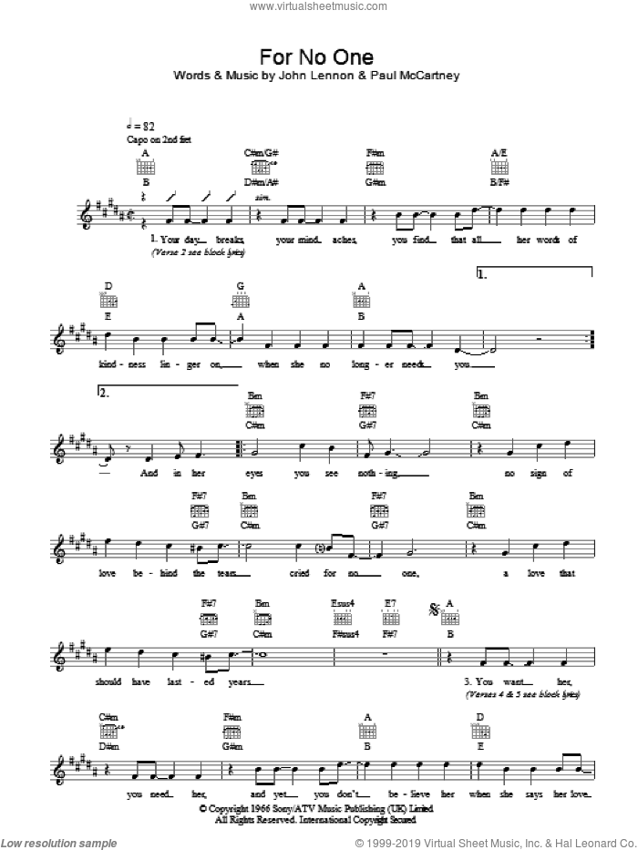 For No One sheet music for voice and other instruments (fake book) by The Beatles, John Lennon and Paul McCartney, intermediate skill level