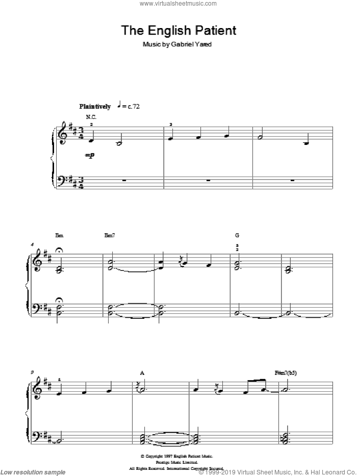 The English Patient sheet music for piano solo by Gabriel Yared, easy skill level
