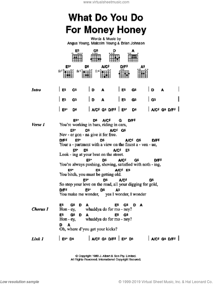 What Do You Do For Money, Honey? sheet music for guitar (chords) by AC/DC, Angus Young, Brian Johnson and Malcolm Young, intermediate skill level