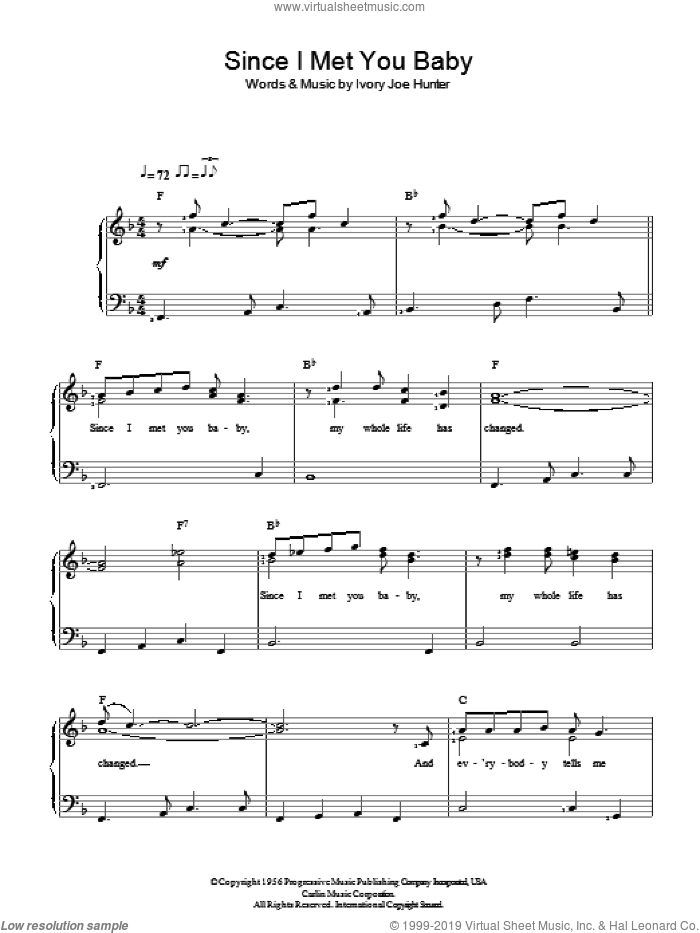 Since I Met You Baby (abridged) sheet music for piano solo by Ivory Joe Hunter, easy skill level