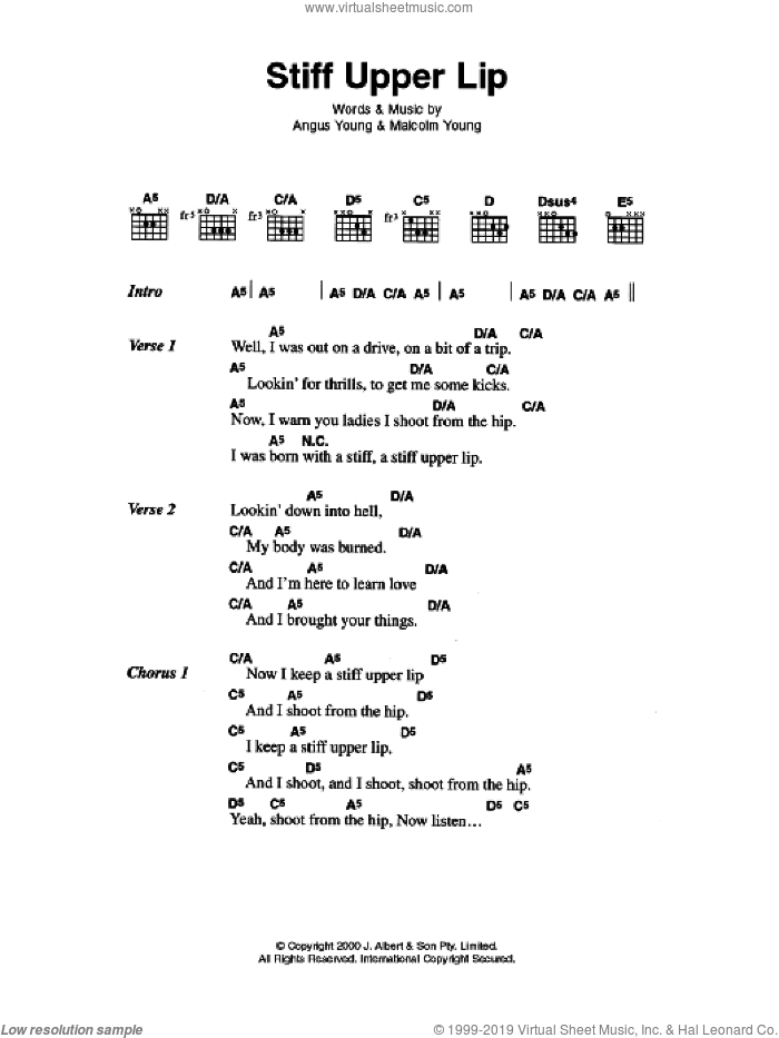 Stiff Upper Lip sheet music for guitar (chords) by AC/DC, Angus Young and Malcolm Young, intermediate skill level