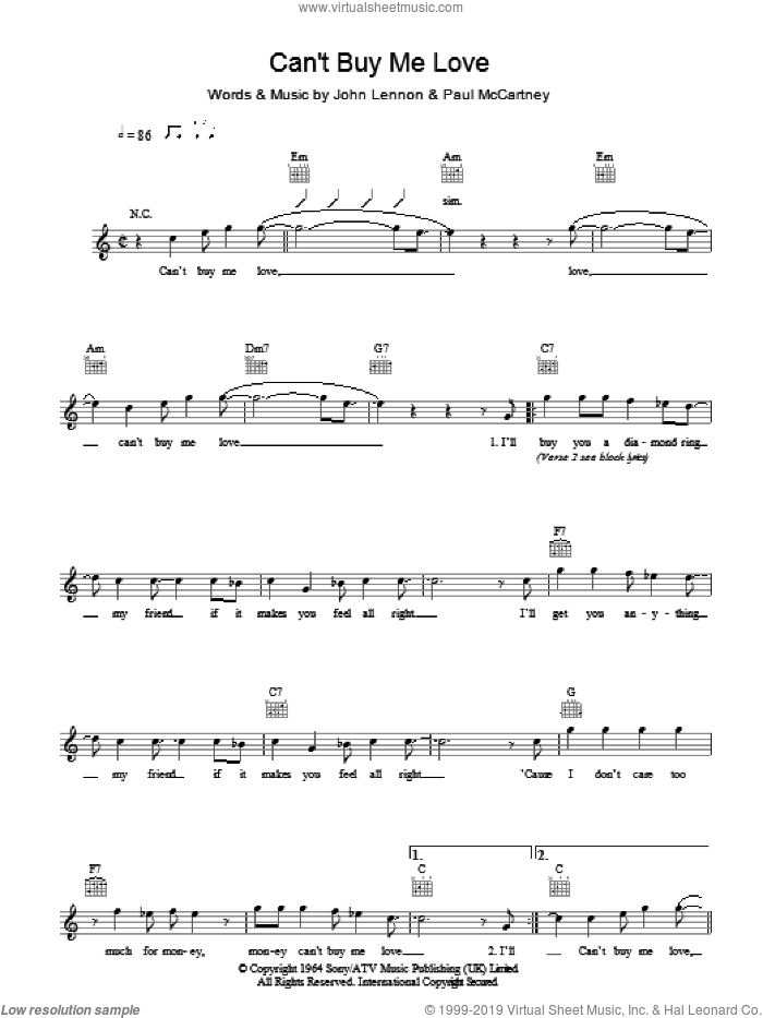 Can't Buy Me Love sheet music for voice and other instruments (fake book) by The Beatles, John Lennon and Paul McCartney, intermediate skill level