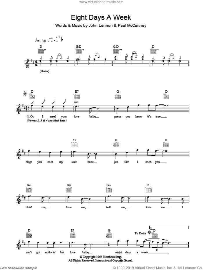 Eight Days A Week sheet music for voice and other instruments (fake book) by The Beatles, John Lennon and Paul McCartney, intermediate skill level