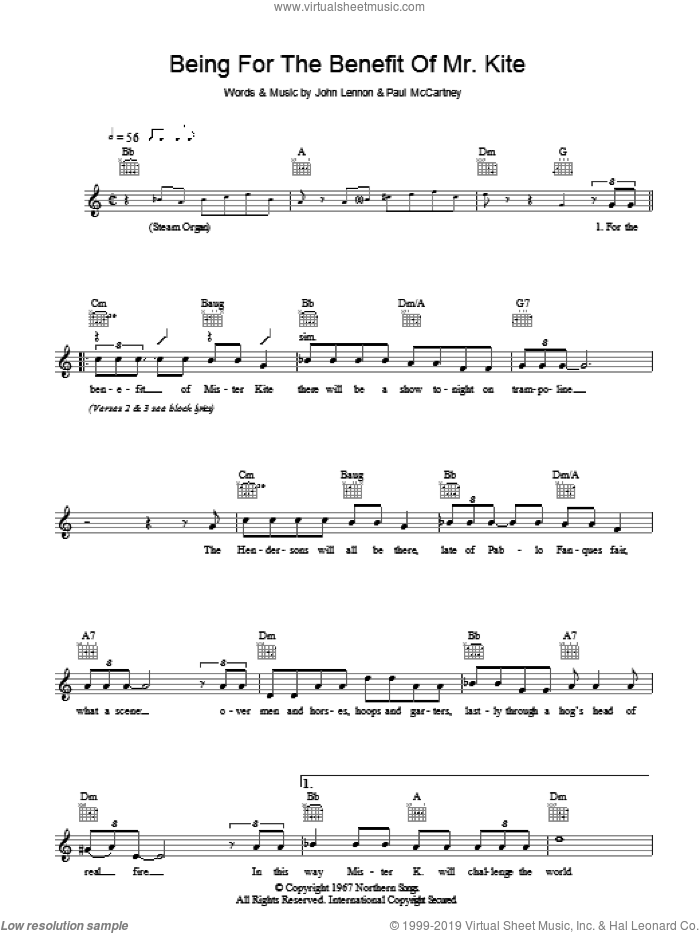 Being For The Benefit Of Mr Kite sheet music for voice and other instruments (fake book) by The Beatles, John Lennon and Paul McCartney, intermediate skill level
